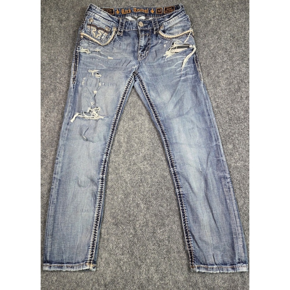 Rock Revival Jeans Men's 32X27 Heavy Distressed Embroidered Blue Straight Denim